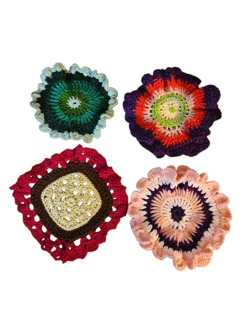 Hand Crafted Floral Accessory Crochet Coasters 4pc. Set Colorful Rose Handmade
